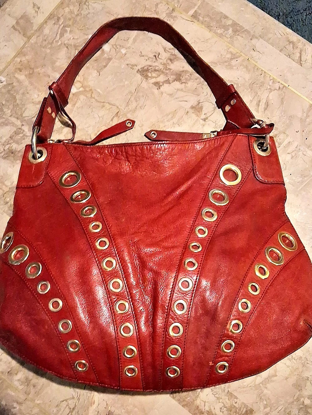 Cole Haan Red Leather Shoulder Bag Red Gold-Tone Grommets